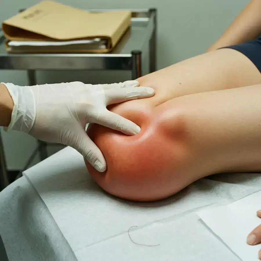 Gloved hand examining a swollen, inflamed knee joint on a paper-covered medical table in a diagnostic clinic.