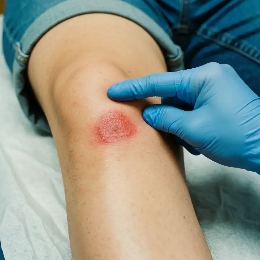 Gloved finger inspecting a bullseye rash on a patient's leg over crinkled exam table paper.