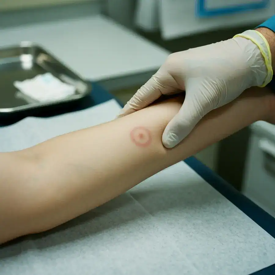Gloved hand examining an expanding bullseye rash on a patient's forearm in a medical exam room.