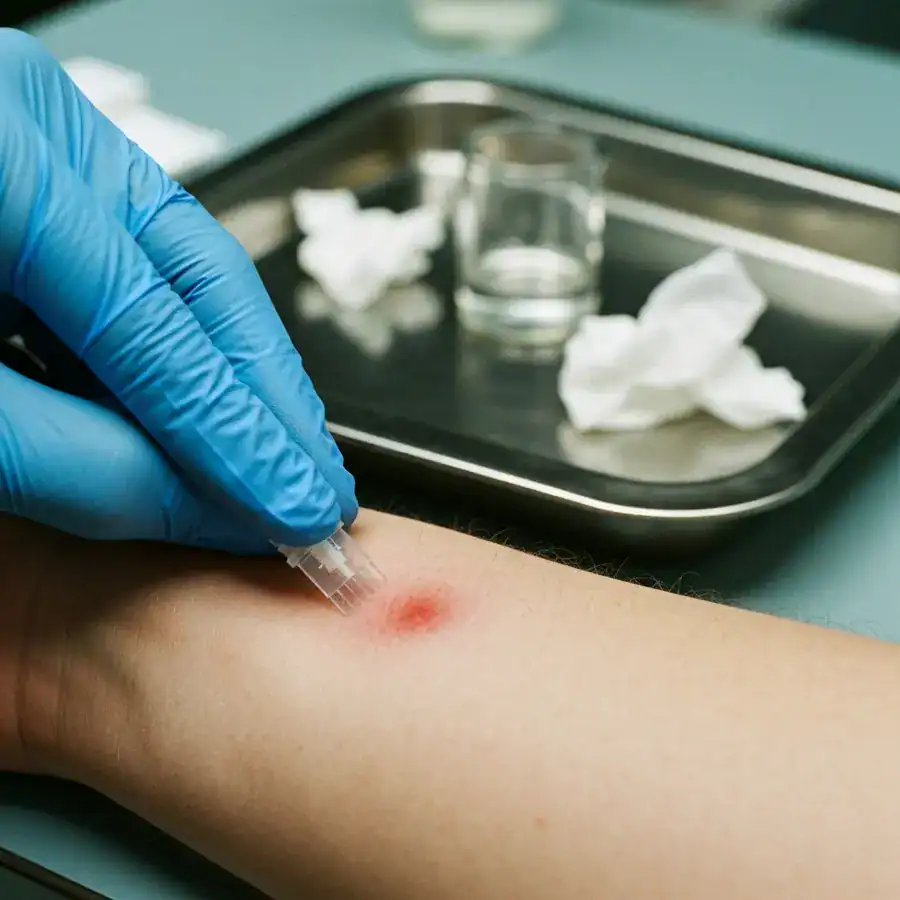 Gloved hand pressing a translucent microneedle patch onto a red skin rash in a clinical diagnostic setting.