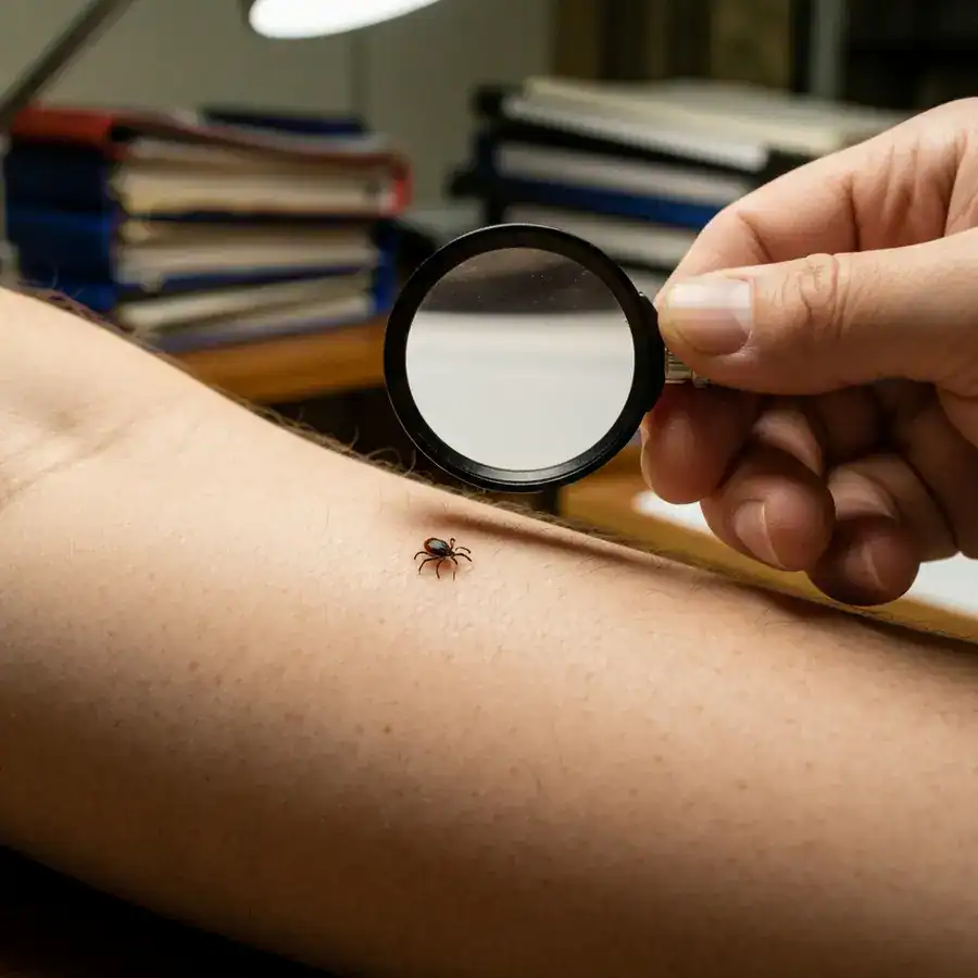 Magnifying glass over a tiny tick on human skin, showing the minuscule size in a rural clinic setting.