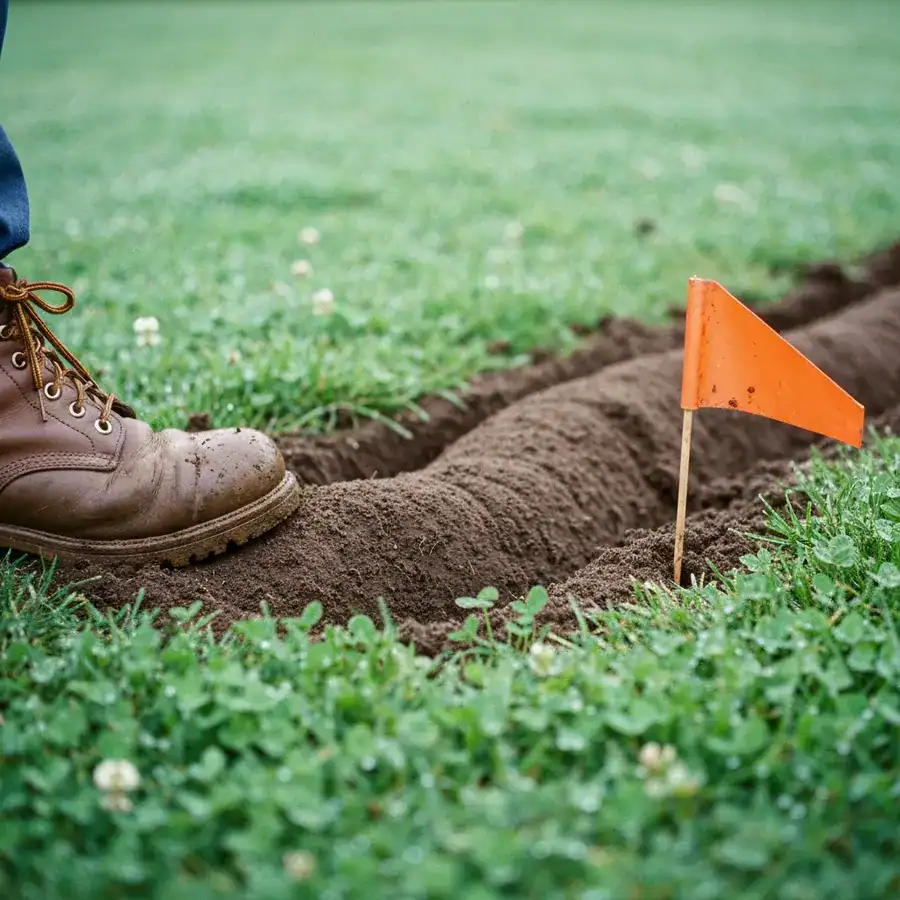 Close-up of a muddy boot flattening a raised mole tunnel next to an orange marker flag in a damp lawn.