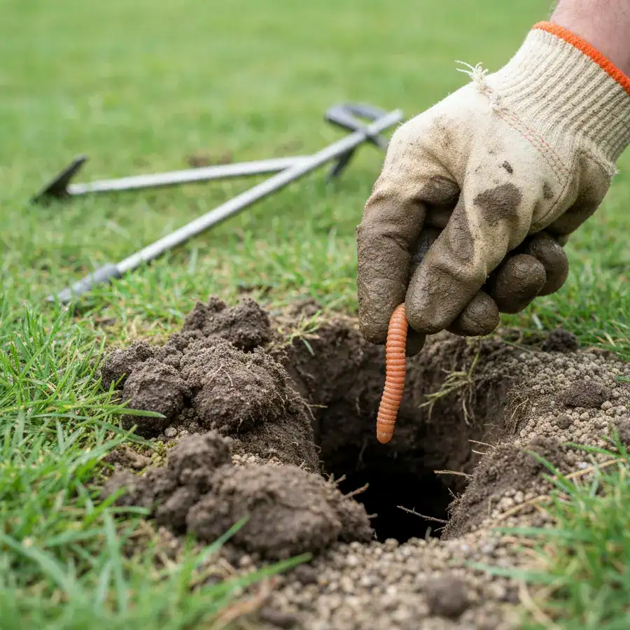 Gloved hands placing a synthetic worm bait into a dark mole tunnel opening in a damp, grassy lawn.