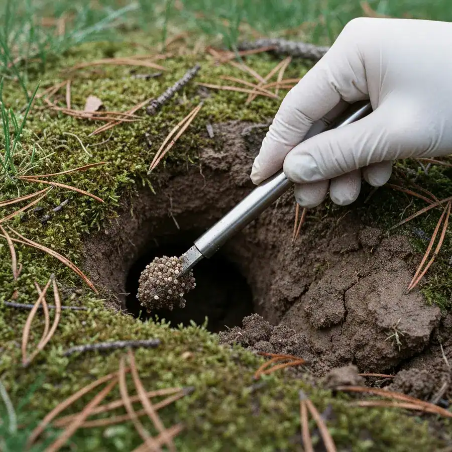 Gloved hand collecting a soil sample with a metal tool from a fresh dirt mound in a damp, mossy lawn.
