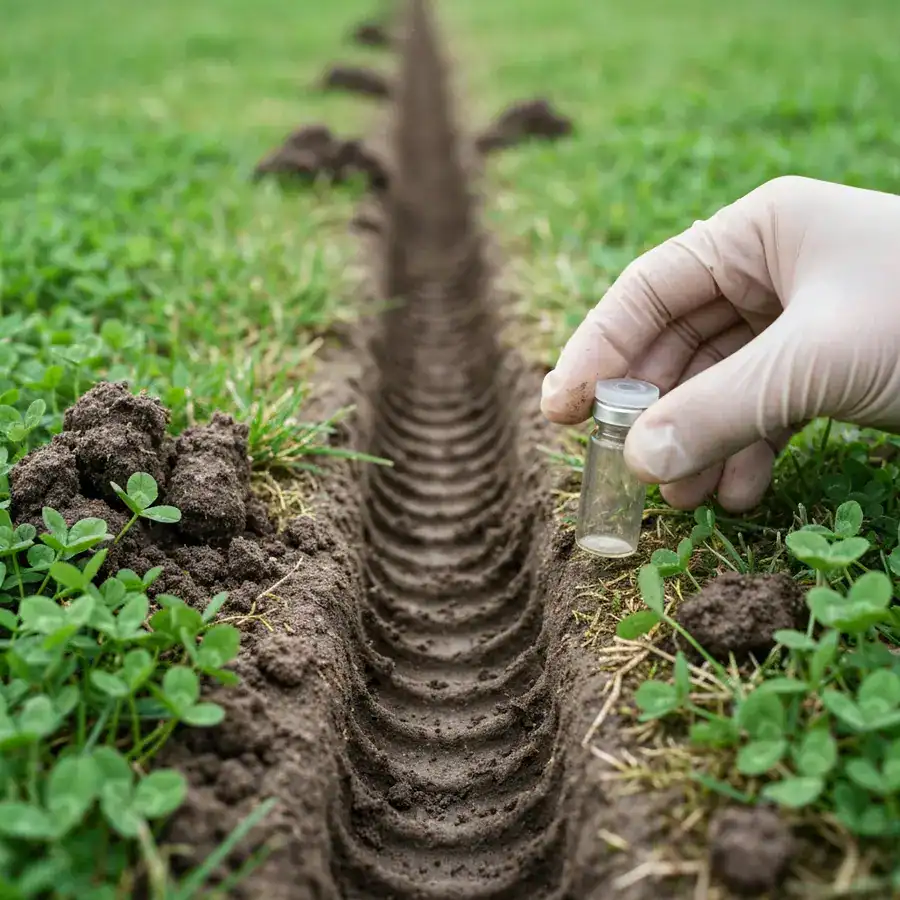 Gloved hand placing a collection vial in a grass runway to sample environmental DNA for pest identification.