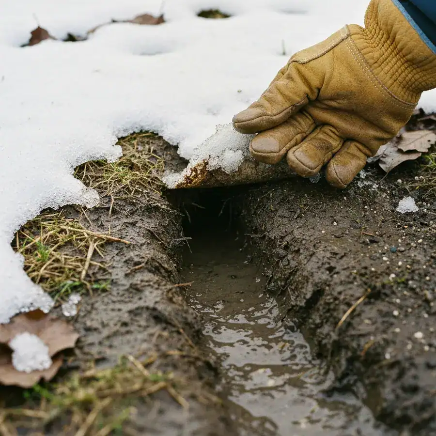 Gloved hand revealing a muddy vole runway through melting snow and dormant brown grass.