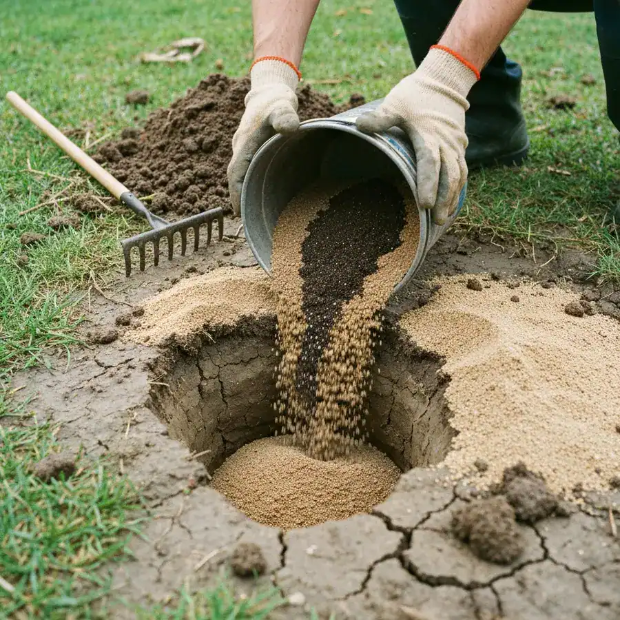 Gloved hands filling a deep lawn tunnel with a sand and topsoil mixture in a clay-heavy yard.