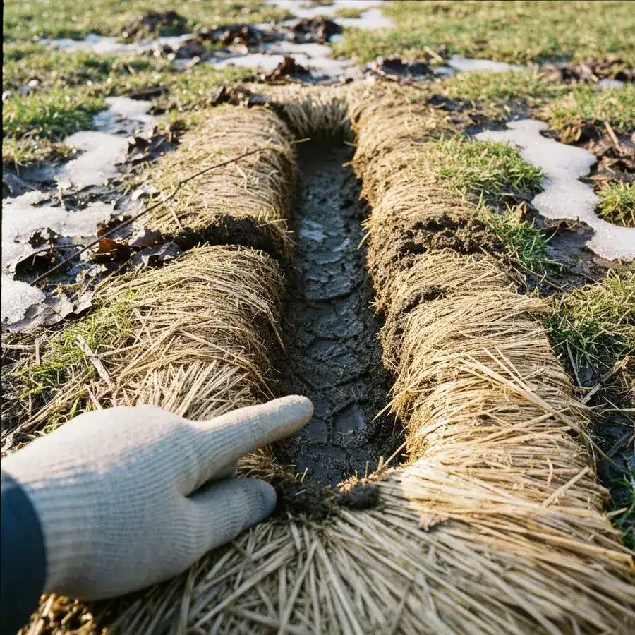 Gloved hand pointing to a two-inch wide vole runway carved through dead grass in a damp spring yard.