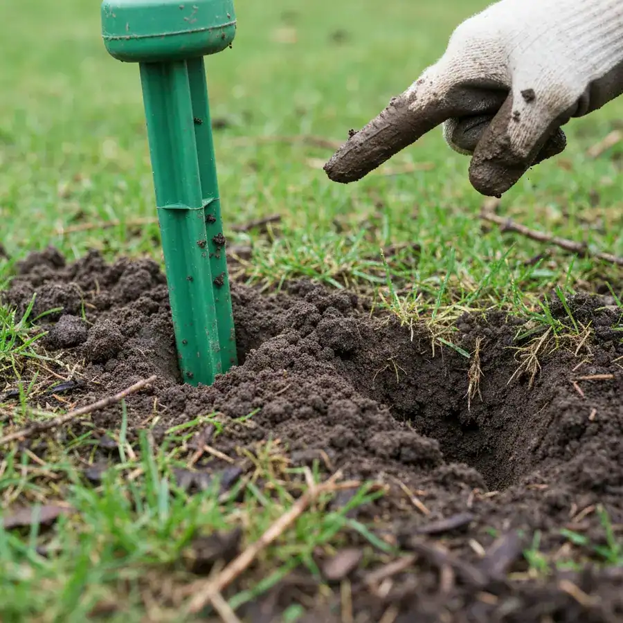 Plastic ultrasonic spike embedded in a fresh mole mound within a damp, unkempt lawn.