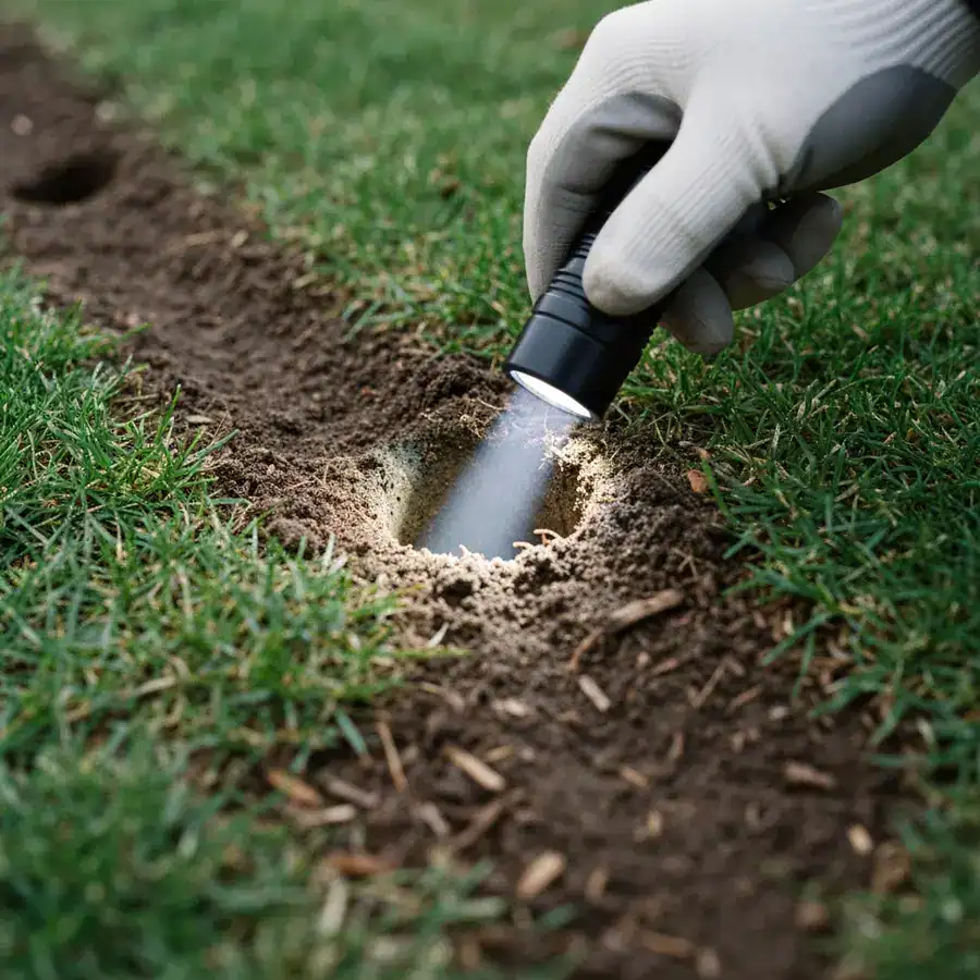 Gloved hand pointing a flashlight into a 2-inch vole hole in a yard with no soil mound.