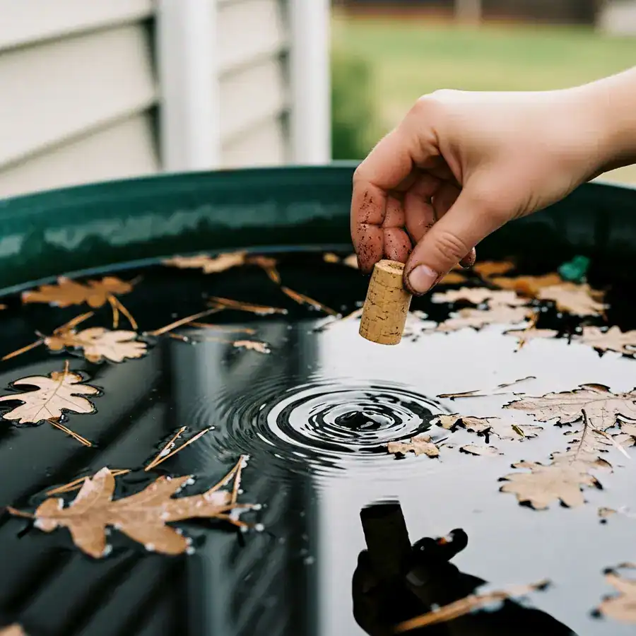 Close-up of a hand dropping a round Mosquito Dunk into the murky water of a backyard rain barrel, creating ripples.