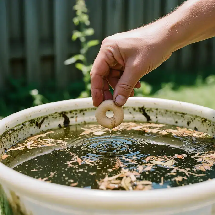 A hand places a round Mosquito Dunk into a dirty bucket of standing water filled with leaves and algae.