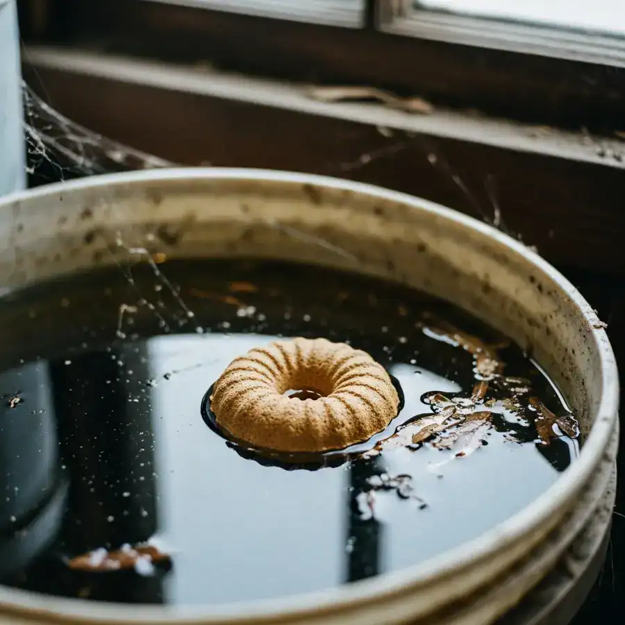 Close-up of a donut-shaped Mosquito Dunk briquette floating on the surface of dark, stagnant water in a bucket.