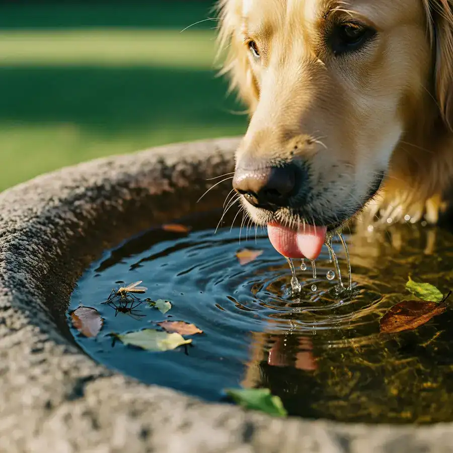 A close-up of a dog drinking water from a stone bird bath where a mosquito dunk is visibly floating, demonstrating pet safety.