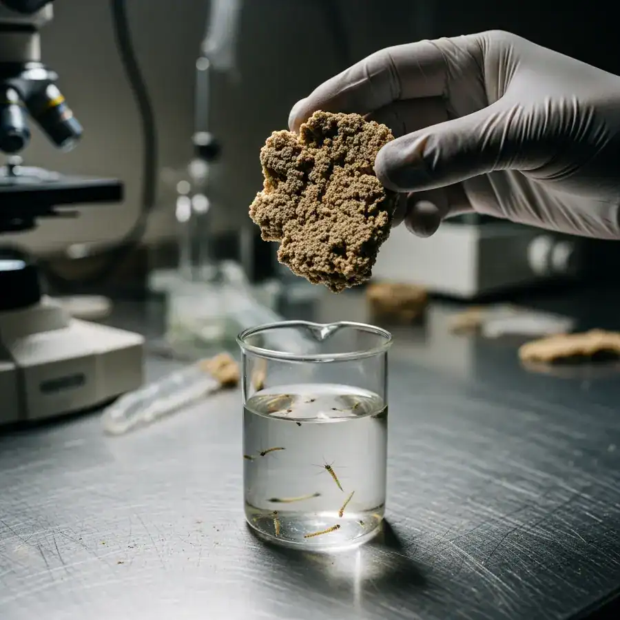 A gloved hand holds a Mosquito Dunk fragment over a lab beaker containing mosquito larvae for a scientific review.
