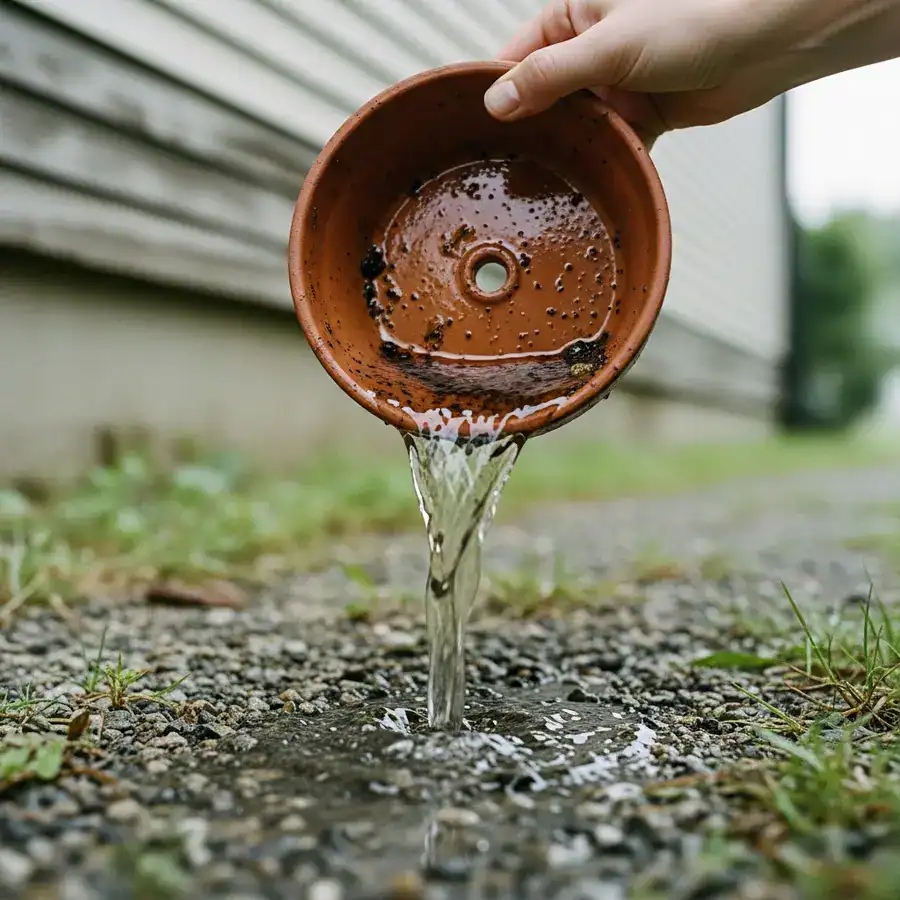 A hand empties a plant saucer of stagnant water, a key step in mosquito habitat modification and control.