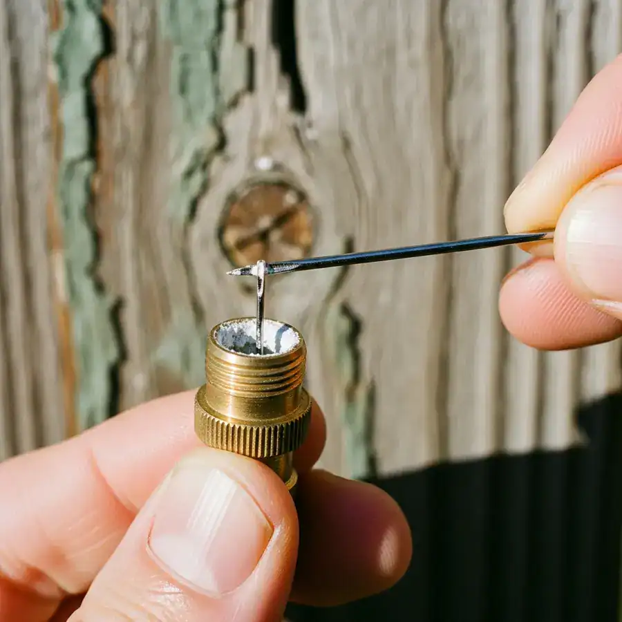 Close-up of a hand using a fine needle to clear mineral buildup from a small brass misting nozzle against a weathered fence.