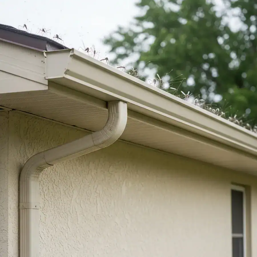 Close-up of a house gutter clogged with wet leaves and standing water, a potential mosquito breeding ground.