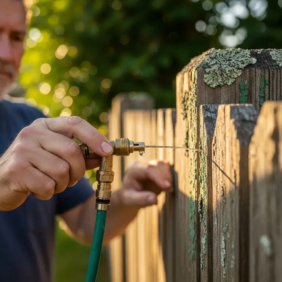 Close-up of a hand holding a clogged brass mosquito misting nozzle against a weathered wooden fence post.
