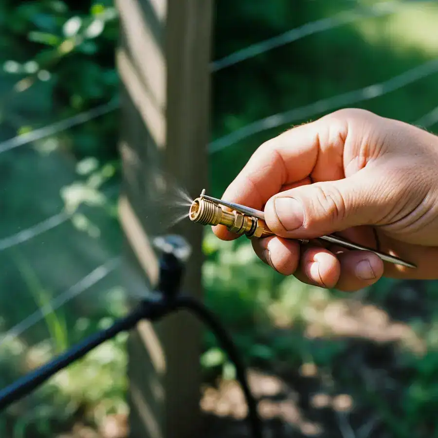 Close-up of a technician's hand clearing a clogged brass misting nozzle with a tool against a blurred foliage background.