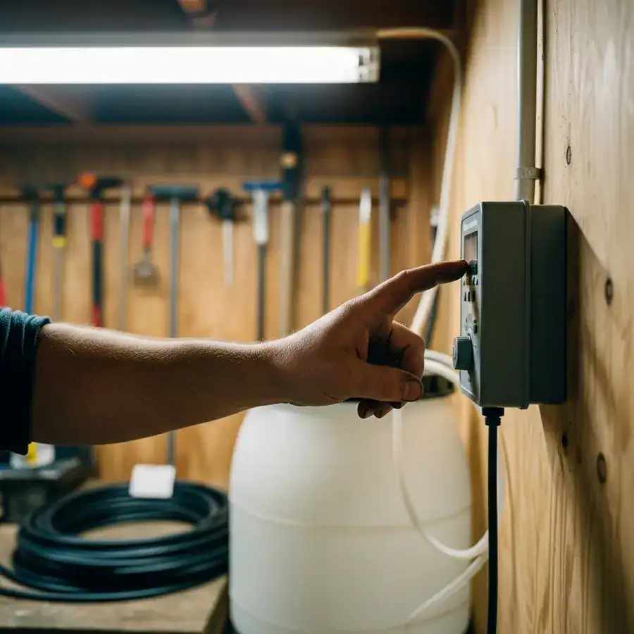 Close-up of a hand adjusting the digital controller of a mosquito misting system installed in a garage.