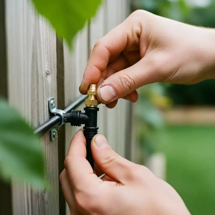 Close-up of hands installing a brass misting nozzle onto black tubing attached to a weathered wooden fence.