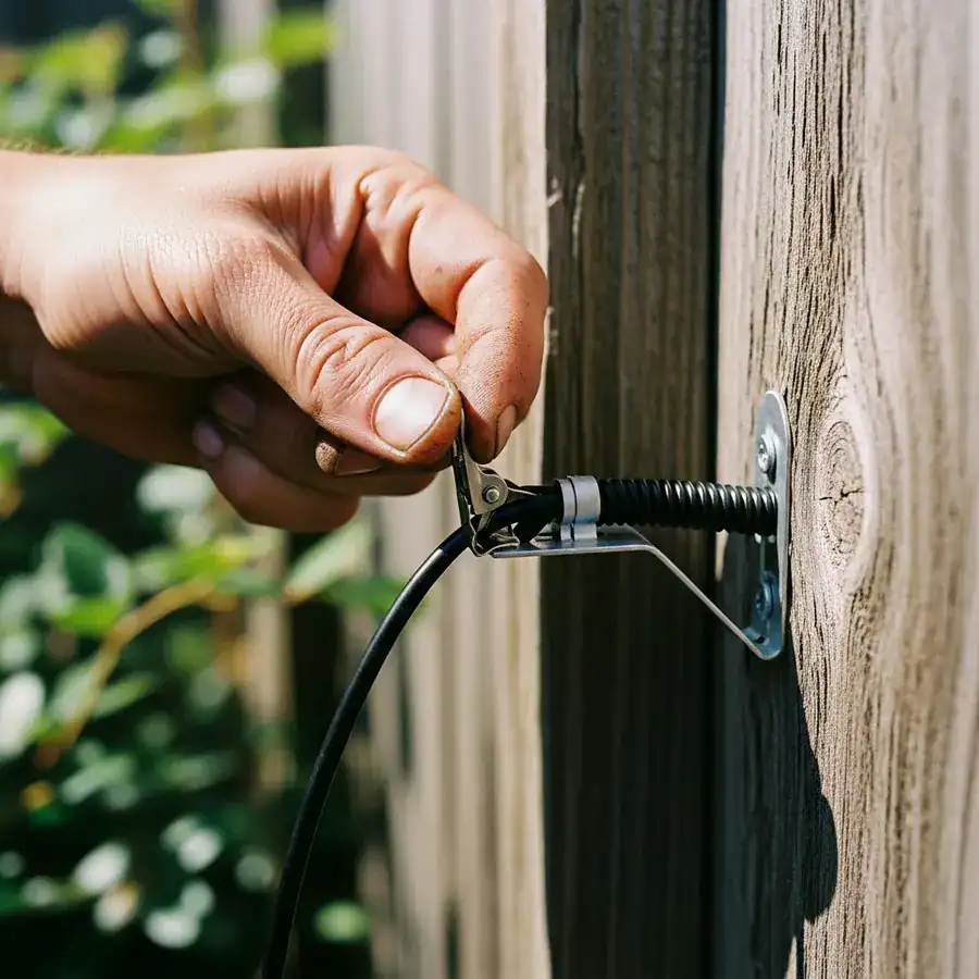 Close-up of a hand securing a DIY mosquito misting system tube to a weathered wooden fence post in a backyard.
