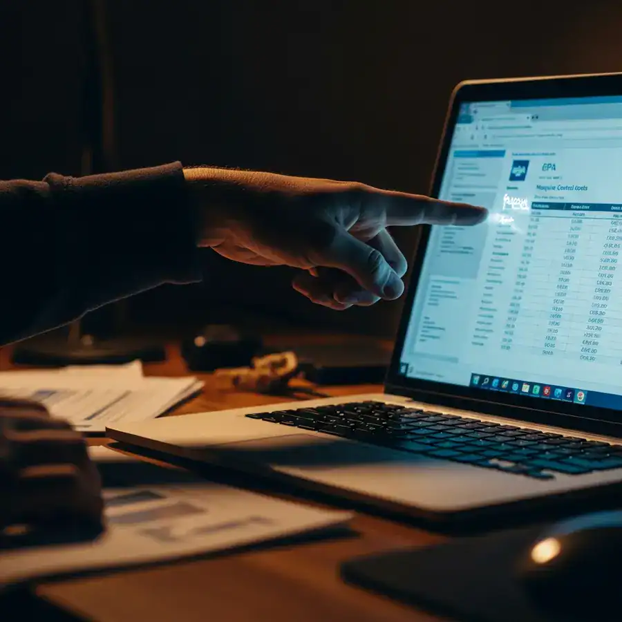 A close-up of a finger pointing at EPA data about mosquito control costs on a glowing laptop screen in a dark room.