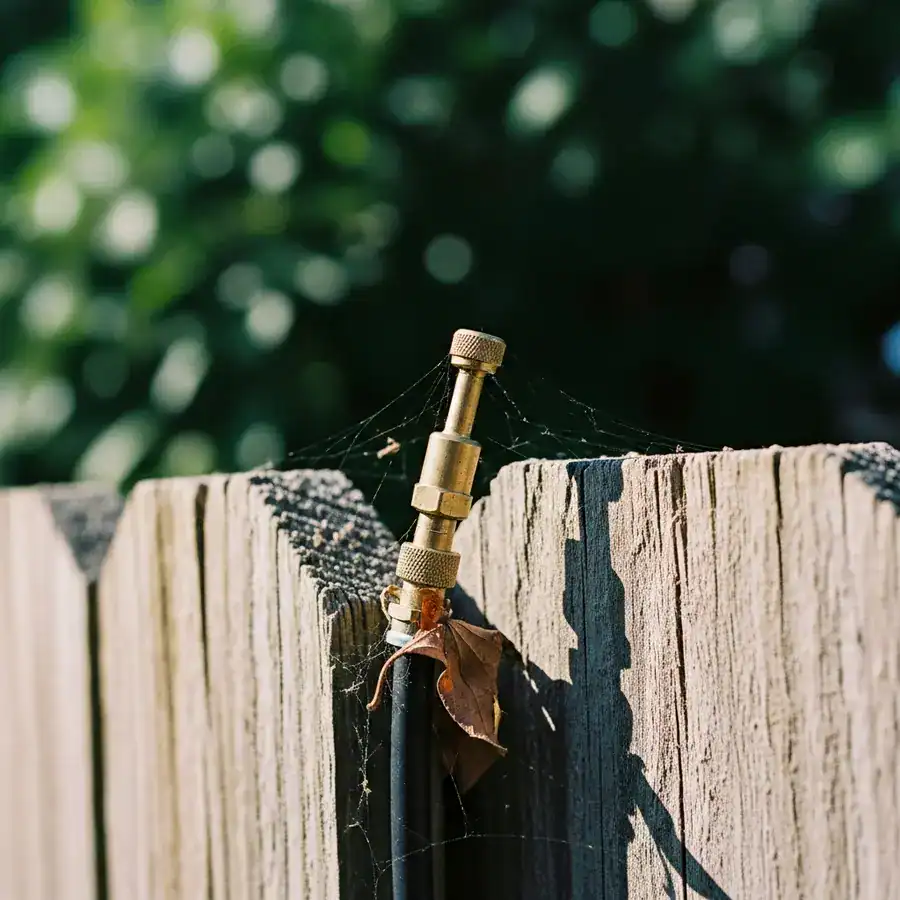 A close-up of a poorly placed mosquito misting nozzle mounted on an old, weathered wooden fence.