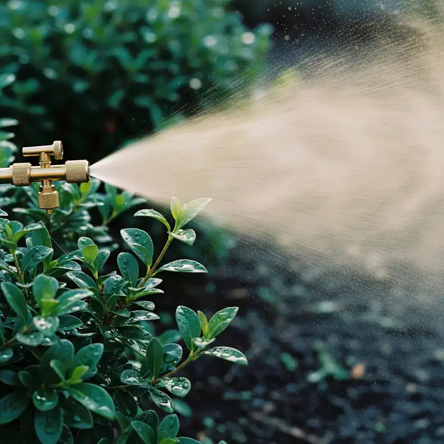 Close-up of a brass misting nozzle spraying a fine mist among damp green garden leaves.