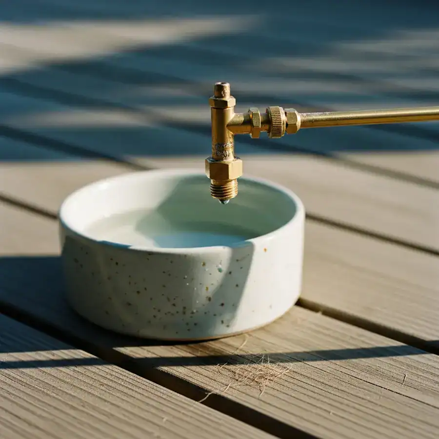 Close-up of a mosquito misting nozzle improperly aimed over a pet's water bowl on a wooden deck.