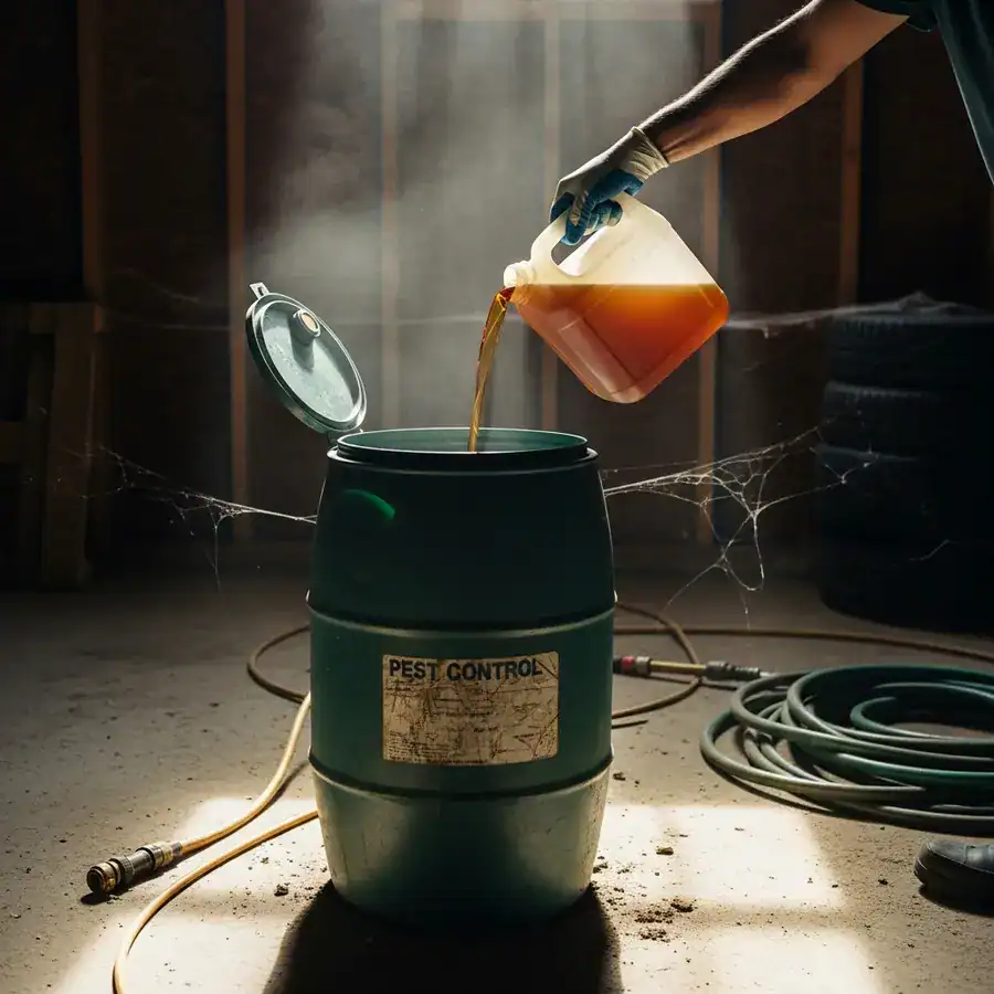 A close-up of a gloved hand pouring insecticide concentrate into a 55-gallon drum in a dimly lit, cluttered garage.