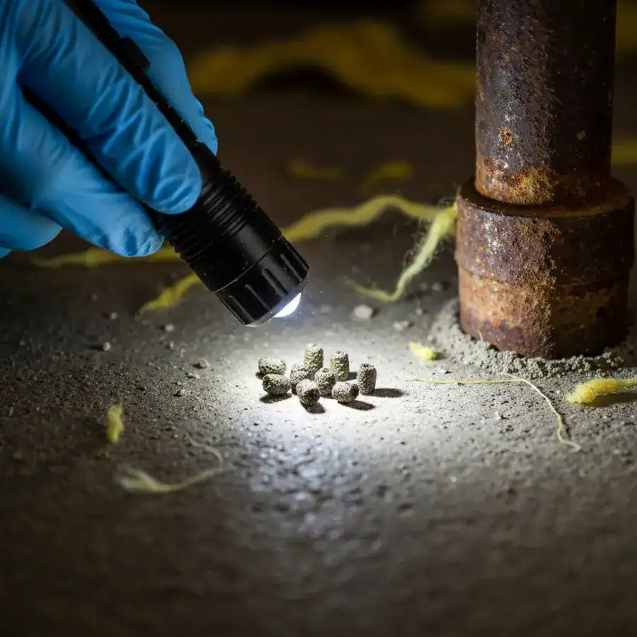 Gloved hand pointing a flashlight at dark mouse droppings on a gritty concrete floor near a rusted pipe.