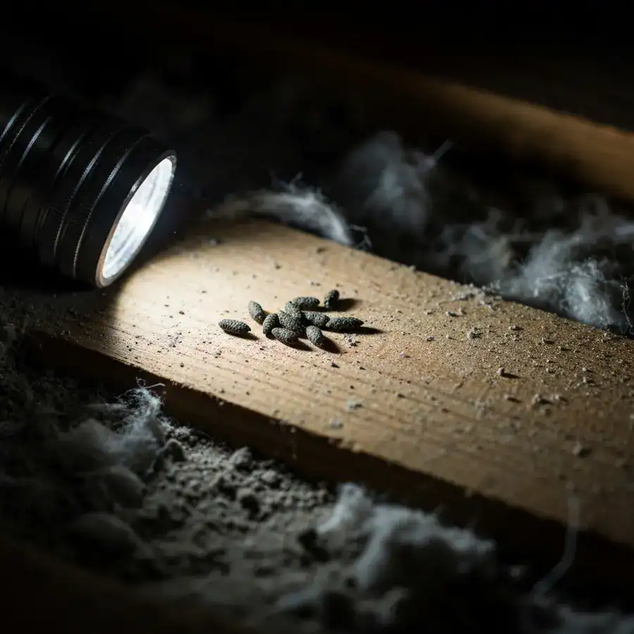 Mouse droppings illuminated by a flashlight beam on a dusty wooden joist in a dark attic.
