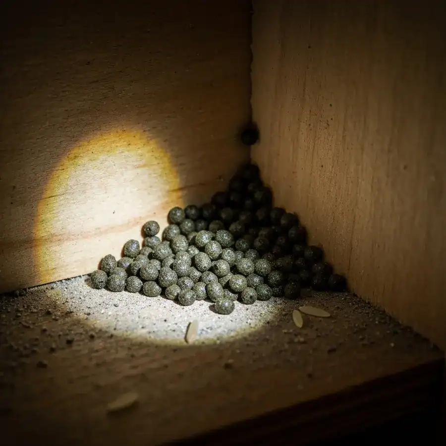 Close-up of a massive cluster of shiny and dull mouse droppings illuminated by a flashlight in a dusty pantry corner.