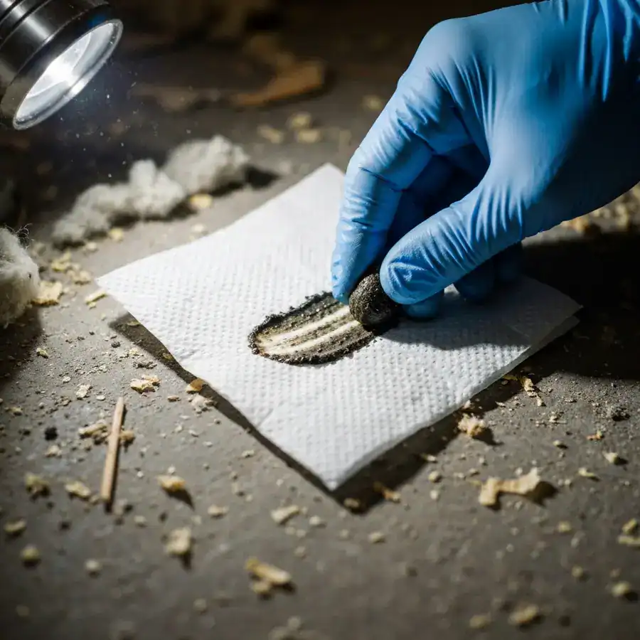Gloved hand performing a smear test on a mouse dropping using a white paper towel on a dusty basement floor.
