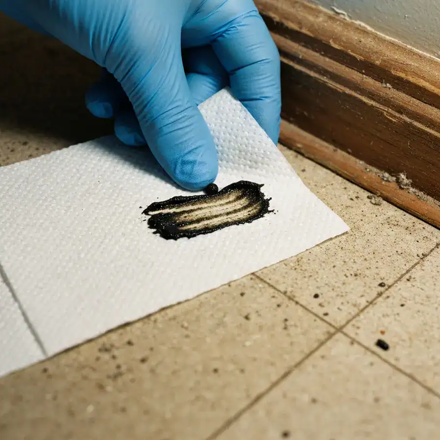 Gloved thumb smearing a dark rodent dropping onto a damp white paper towel against a dusty floor.