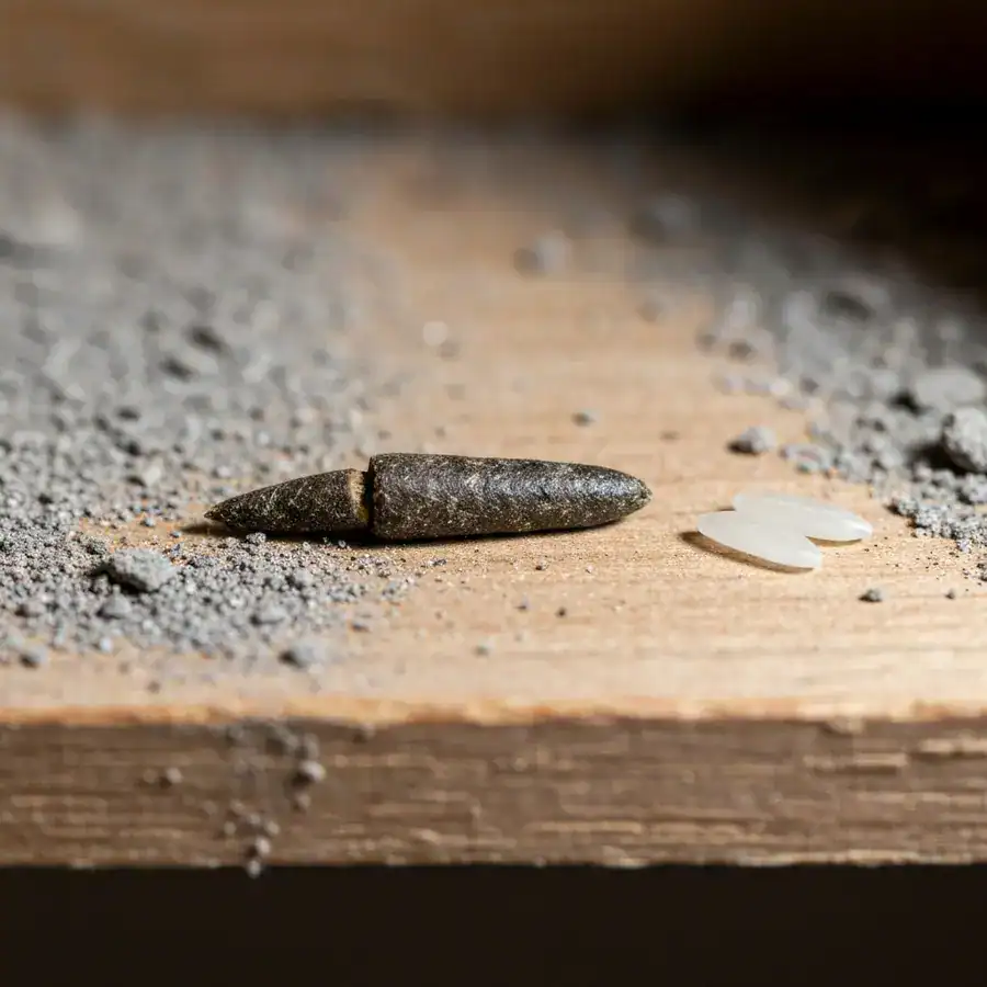 Spindle-shaped mouse dropping next to a grain of rice for scale on a dusty, grit-covered wooden surface.