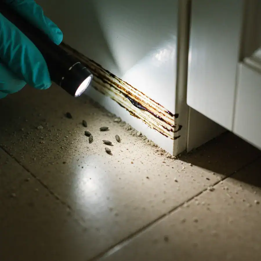 Close-up of dark sebum smears and mouse droppings along a dusty baseboard illuminated by a flashlight beam.