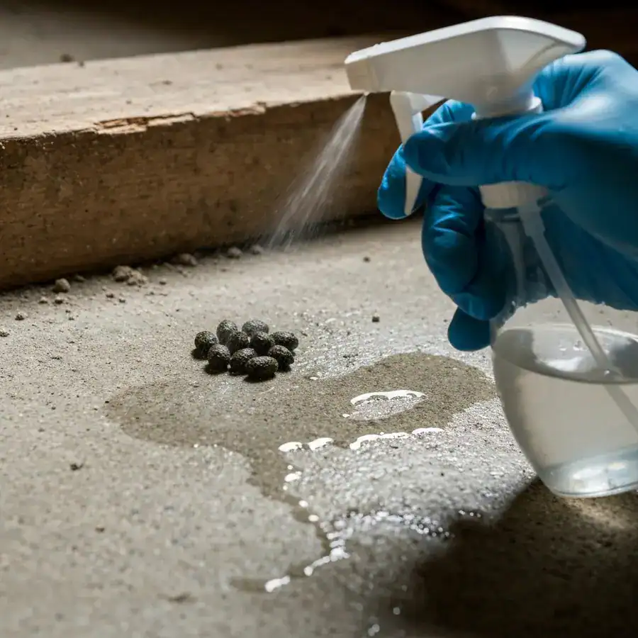 Gloved hand spraying disinfectant onto mouse droppings on a dusty concrete floor for safe wet-cleaning removal.