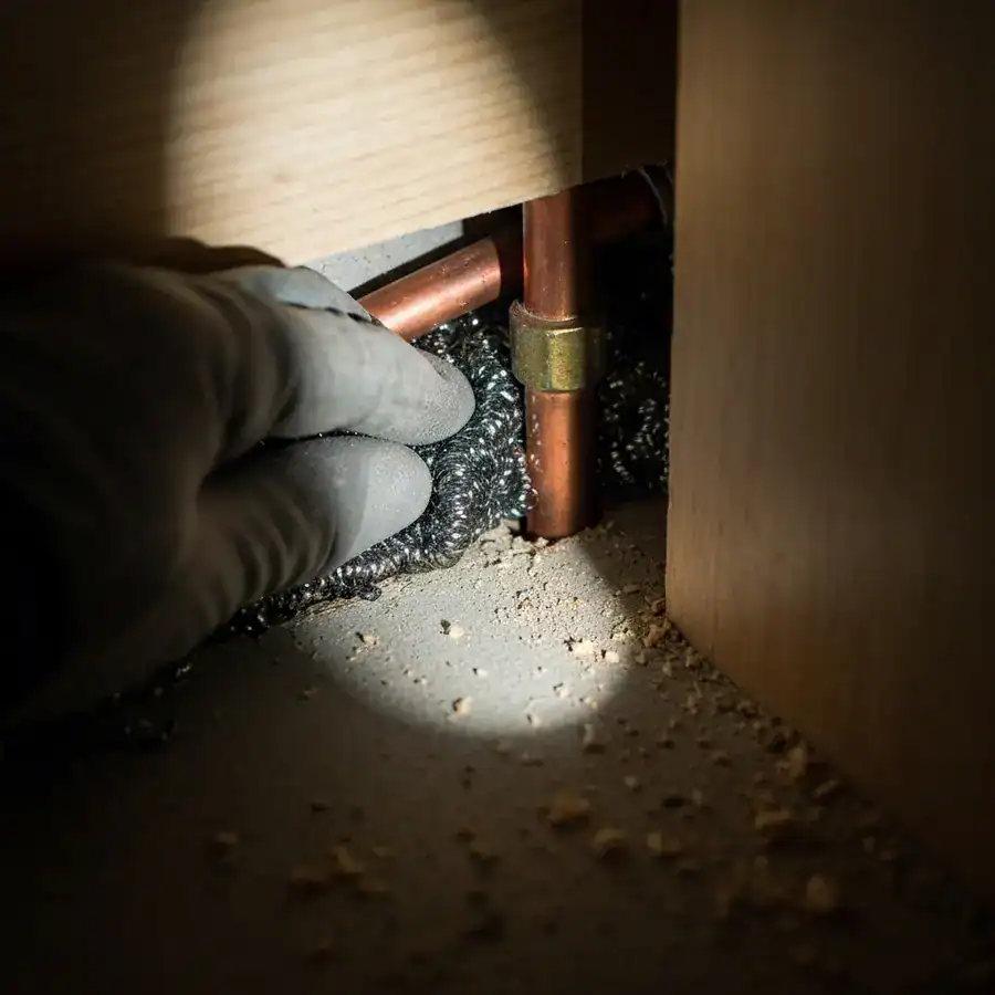 Close-up of steel wool being stuffed into a gap around a copper pipe under a dark kitchen cabinet.