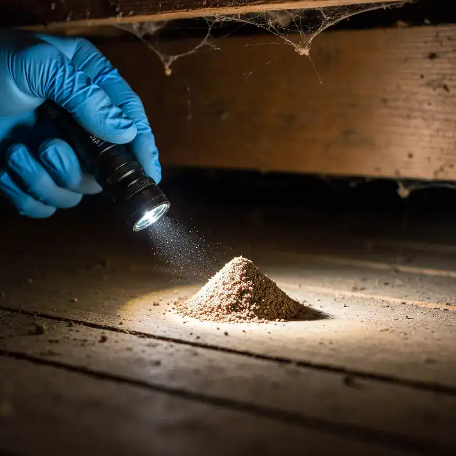 Close-up of a gloved hand illuminating a mound of termite frass on a dusty wooden floor in a dark crawlspace.