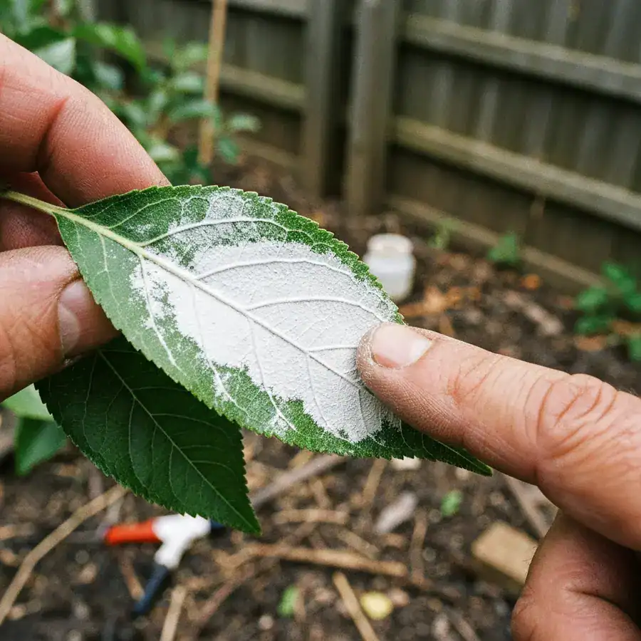 Calloused finger tracing white Kaolin Clay barrier on a waxy green leaf amidst garden debris.