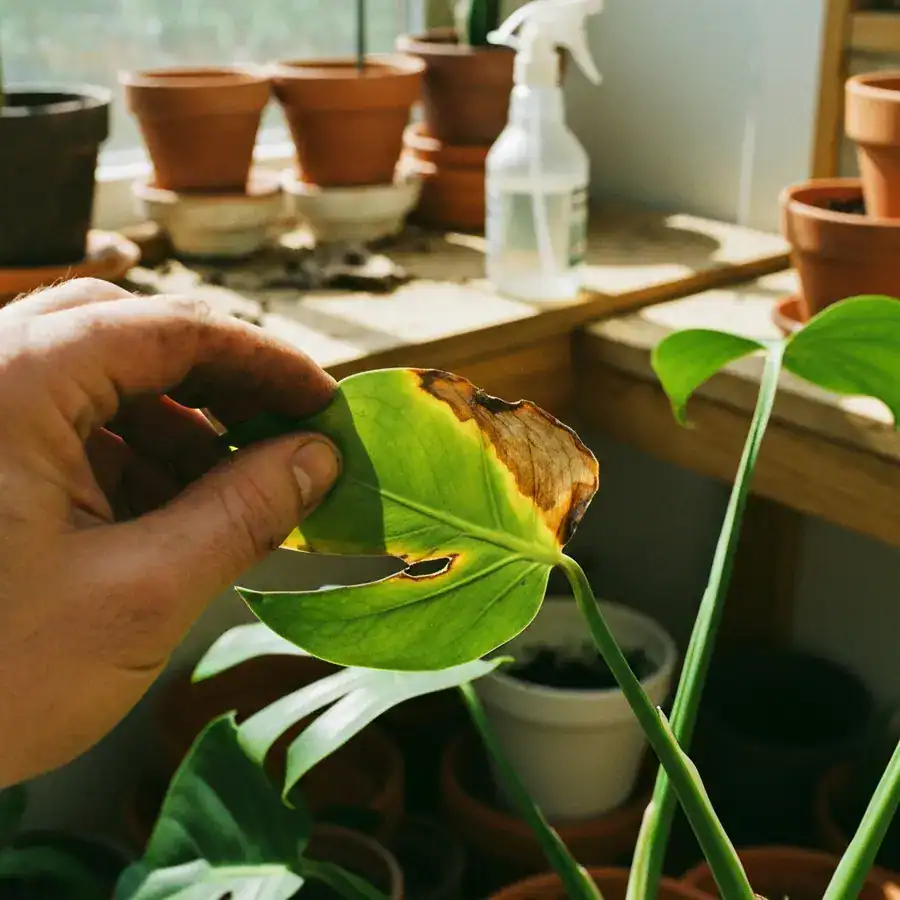 Close-up of a burnt Monstera leaf held by a gardener on a cluttered, sunlit potting bench.