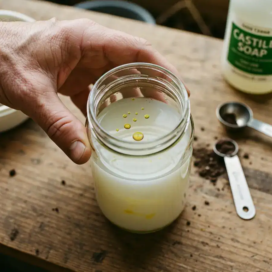 Close-up of a glass jar with a cloudy neem oil emulsion being swirled on a dirt-dusted wooden potting bench.