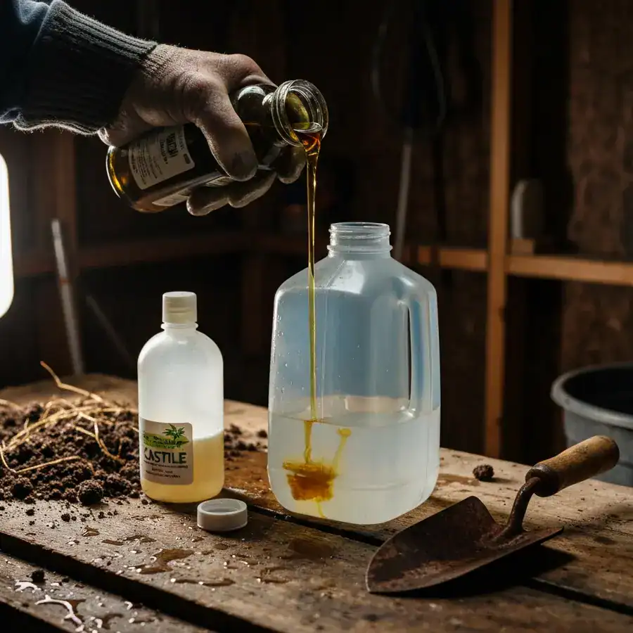 Gloved hand pouring thick neem oil into a gallon jug on a cluttered wooden potting bench in a dim garden shed.