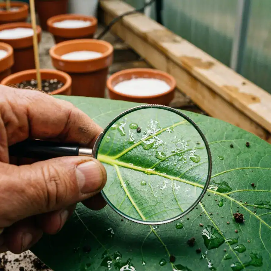 Magnifying glass inspecting neem oil residue on a green leaf surface inside a humid greenhouse workstation.