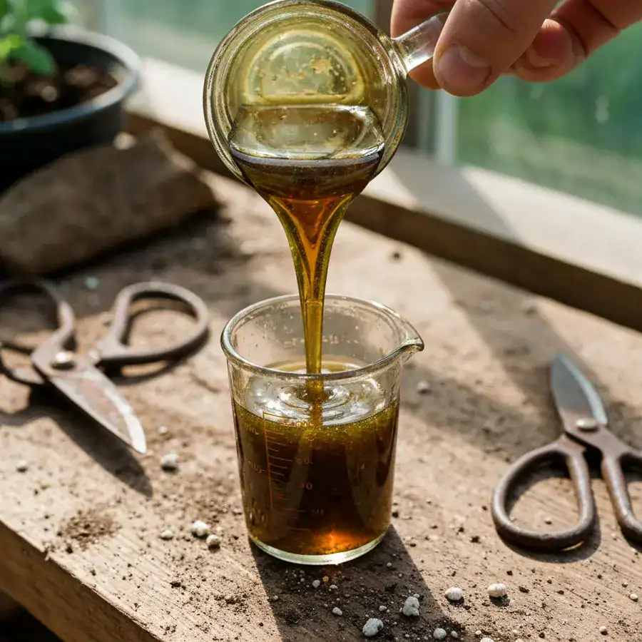Thick, dark unrefined neem oil pouring into a glass vessel on a gritty wooden potting bench.