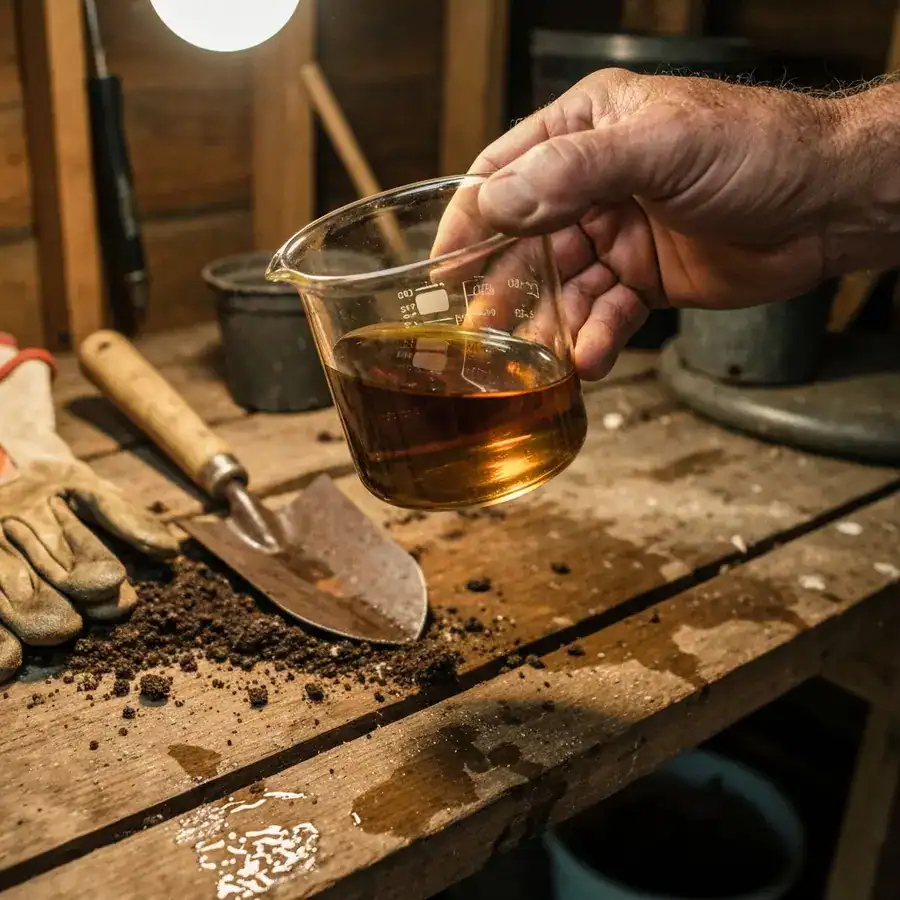 Thick amber neem oil in a glass beaker held by a gardener over a cluttered, dusty wooden workbench.