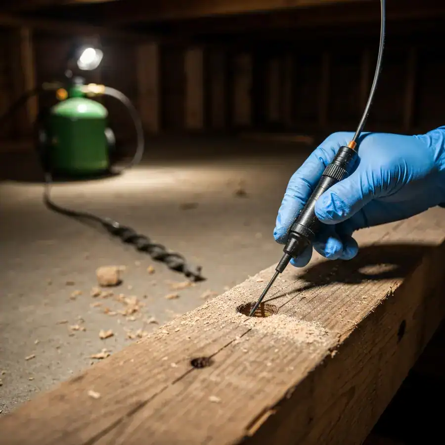 Gloved hand inserting a fiber-optic boroscope into a small drill hole in a wooden structural beam to locate termite galleries.